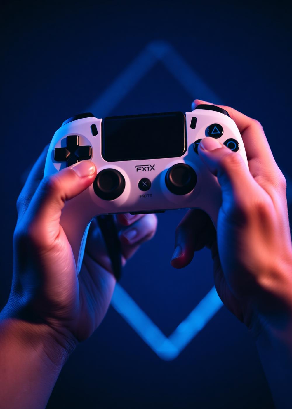 Player holding a controller under blue light