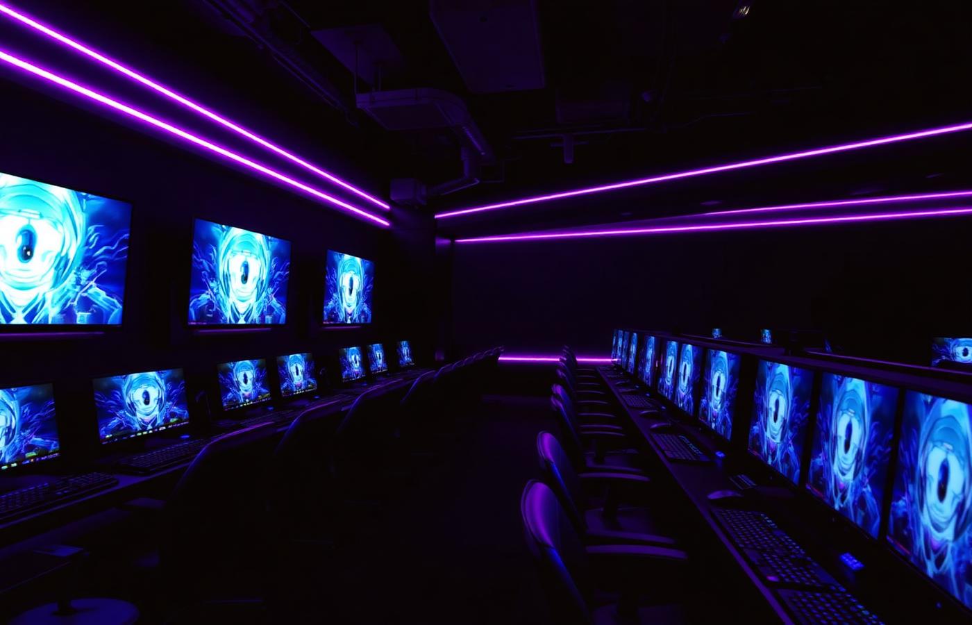Row of gaming stations with violet lighting