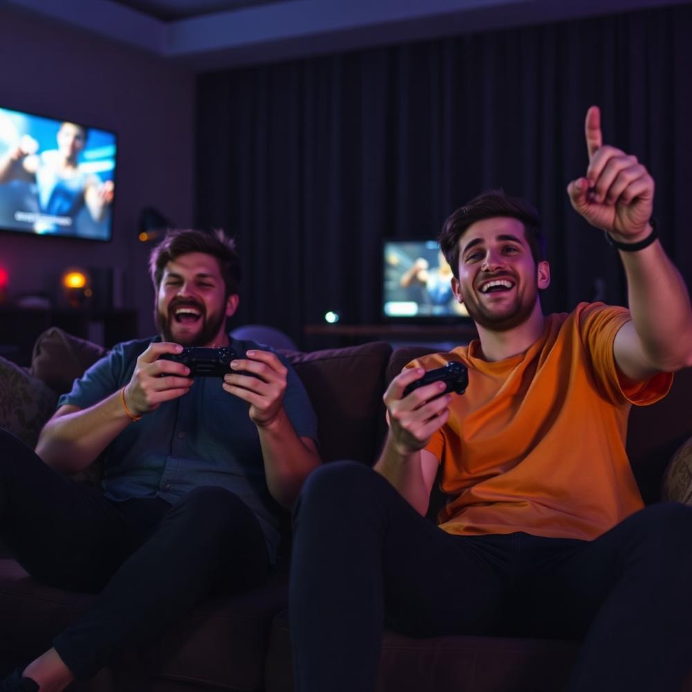 Friends celebrating a win in the lounge